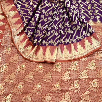 Indian Vintage Saree Purple & Brown Hand Woven Pure Silk Sari Craft Fabric 5Yd Ethnic Floral Golden Zari Dress making For Crafting Quilting