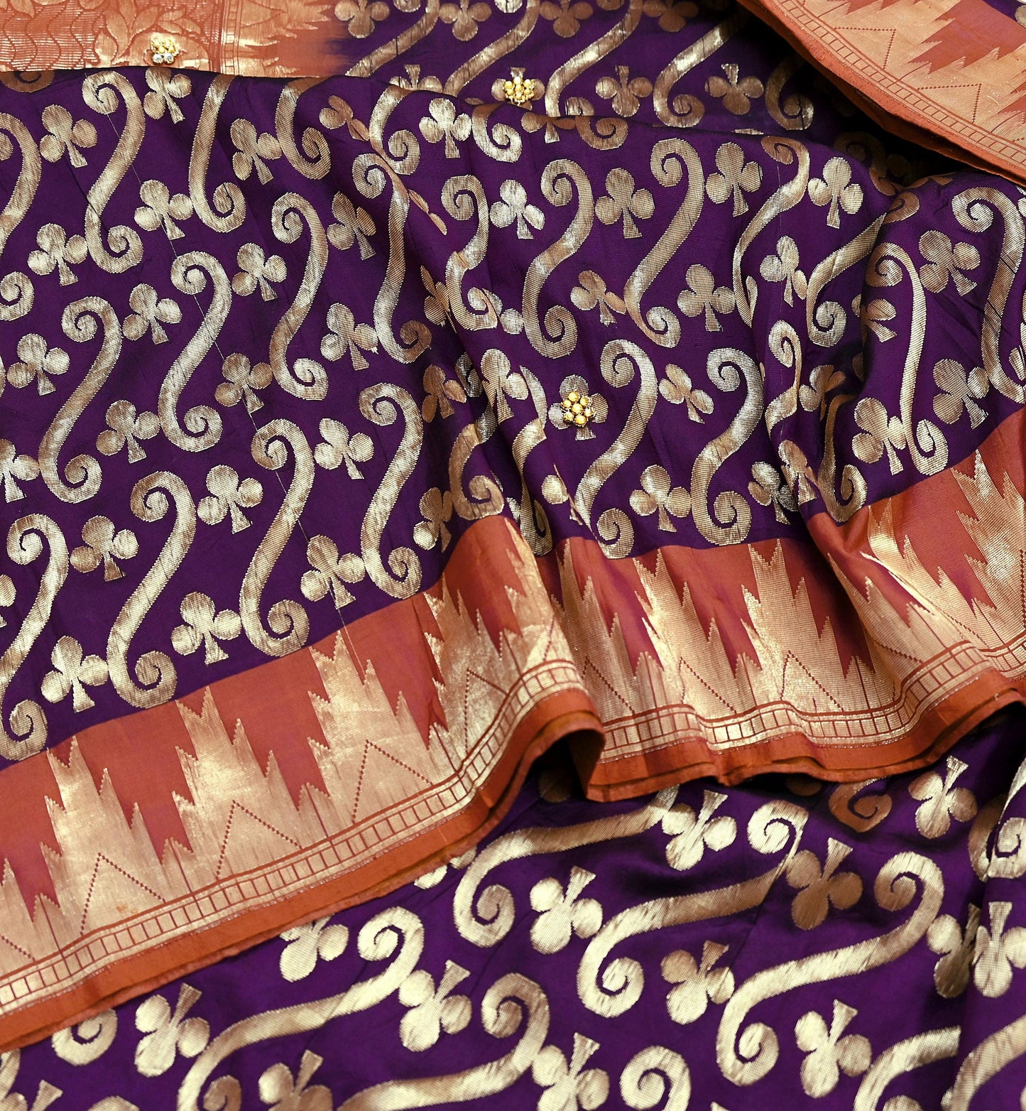Indian Vintage Saree Purple & Brown Hand Woven Pure Silk Sari Craft Fabric 5Yd Ethnic Floral Golden Zari Dress making For Crafting Quilting