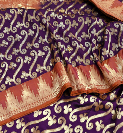 Indian Vintage Saree Purple & Brown Hand Woven Pure Silk Sari Craft Fabric 5Yd Ethnic Floral Golden Zari Dress making For Crafting Quilting