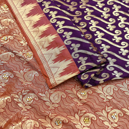 Indian Vintage Saree Purple & Brown Hand Woven Pure Silk Sari Craft Fabric 5Yd Ethnic Floral Golden Zari Dress making For Crafting Quilting