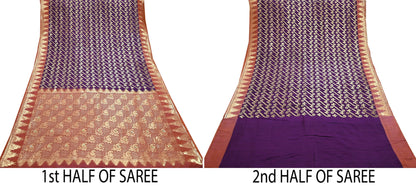 Indian Vintage Saree Purple & Brown Hand Woven Pure Silk Sari Craft Fabric 5Yd Ethnic Floral Golden Zari Dress making For Crafting Quilting