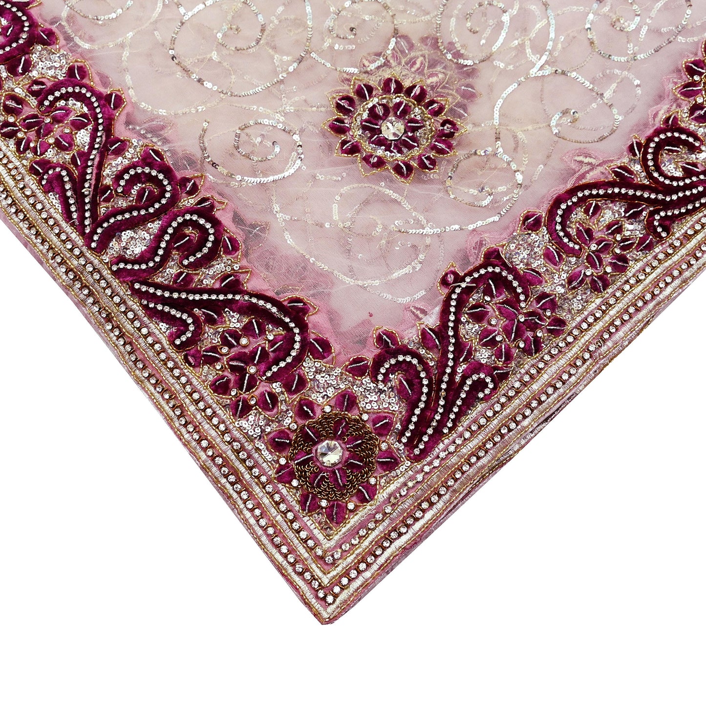 Indian Vintage Heavy Bridal Pink Dupatta Net Mesh Long Stole Hand Embroidered Scarves Silver Zardozi Dabka Zari Sequins Wedding veil
