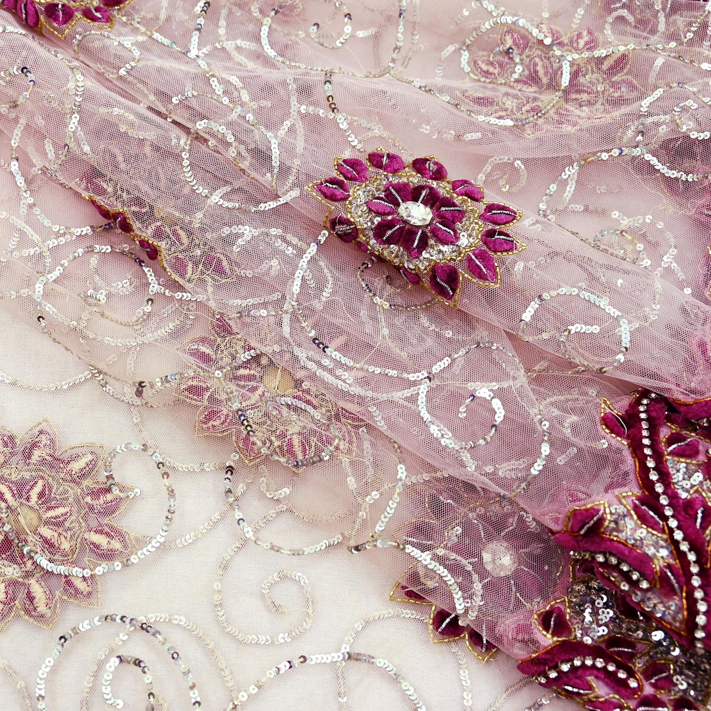 Indian Vintage Heavy Bridal Pink Dupatta Net Mesh Long Stole Hand Embroidered Scarves Silver Zardozi Dabka Zari Sequins Wedding veil