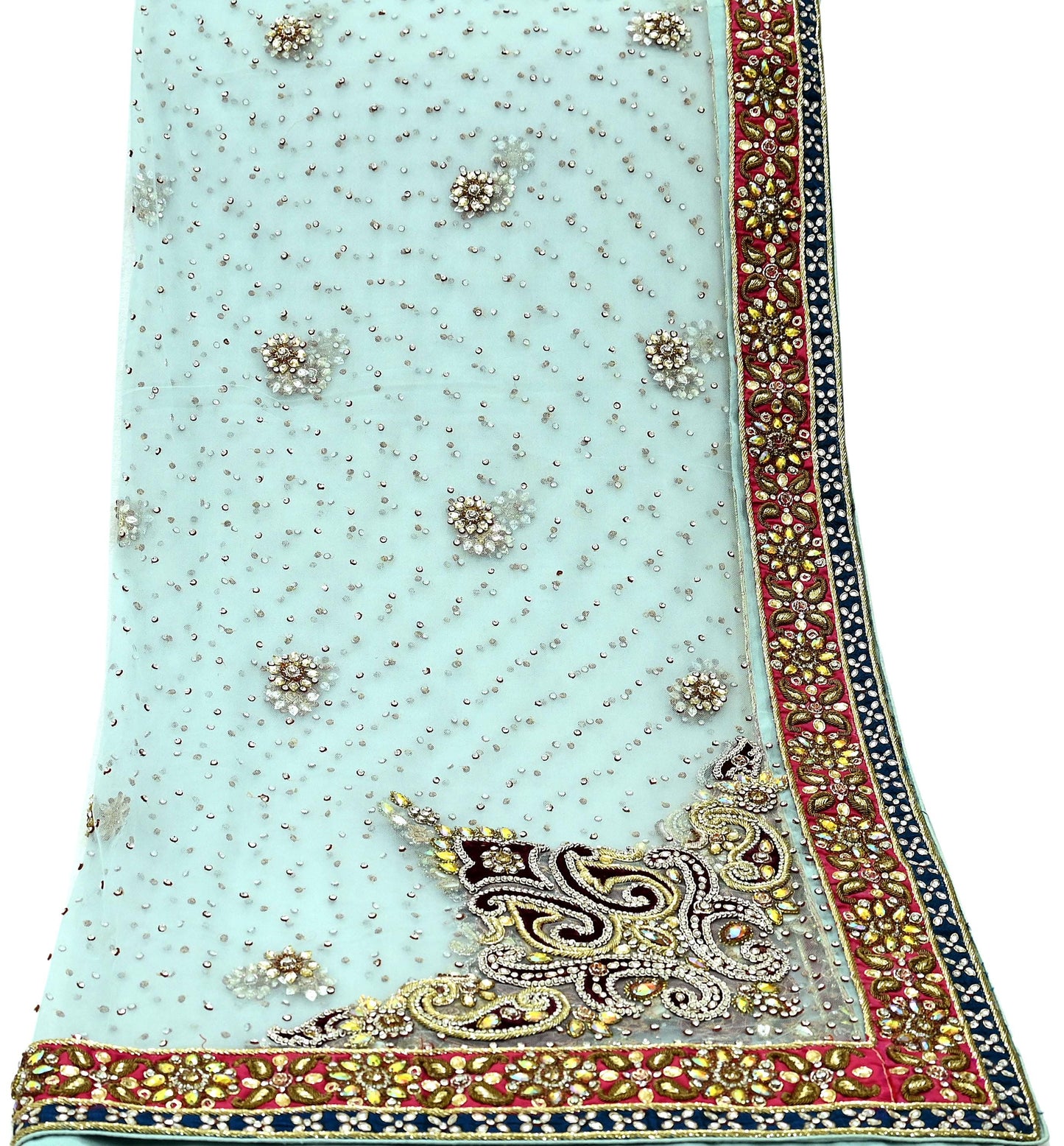 Indian Vintage Heavy Wedding Blue Dupatta Net Mesh Long Stole Hand Embroidered Scarves Zardozi Dabka Zari Bridal Wear