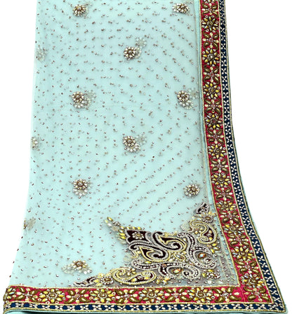 Indian Vintage Heavy Wedding Blue Dupatta Net Mesh Long Stole Hand Embroidered Scarves Zardozi Dabka Zari Bridal Wear