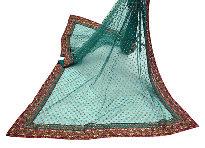 Indian Vintage Heavy Bridal Dupatta Green Net Mesh Long Stole Hand Embroidered Scarf Zardozi Zari Sequins Wedding/Party wear hijab veil
