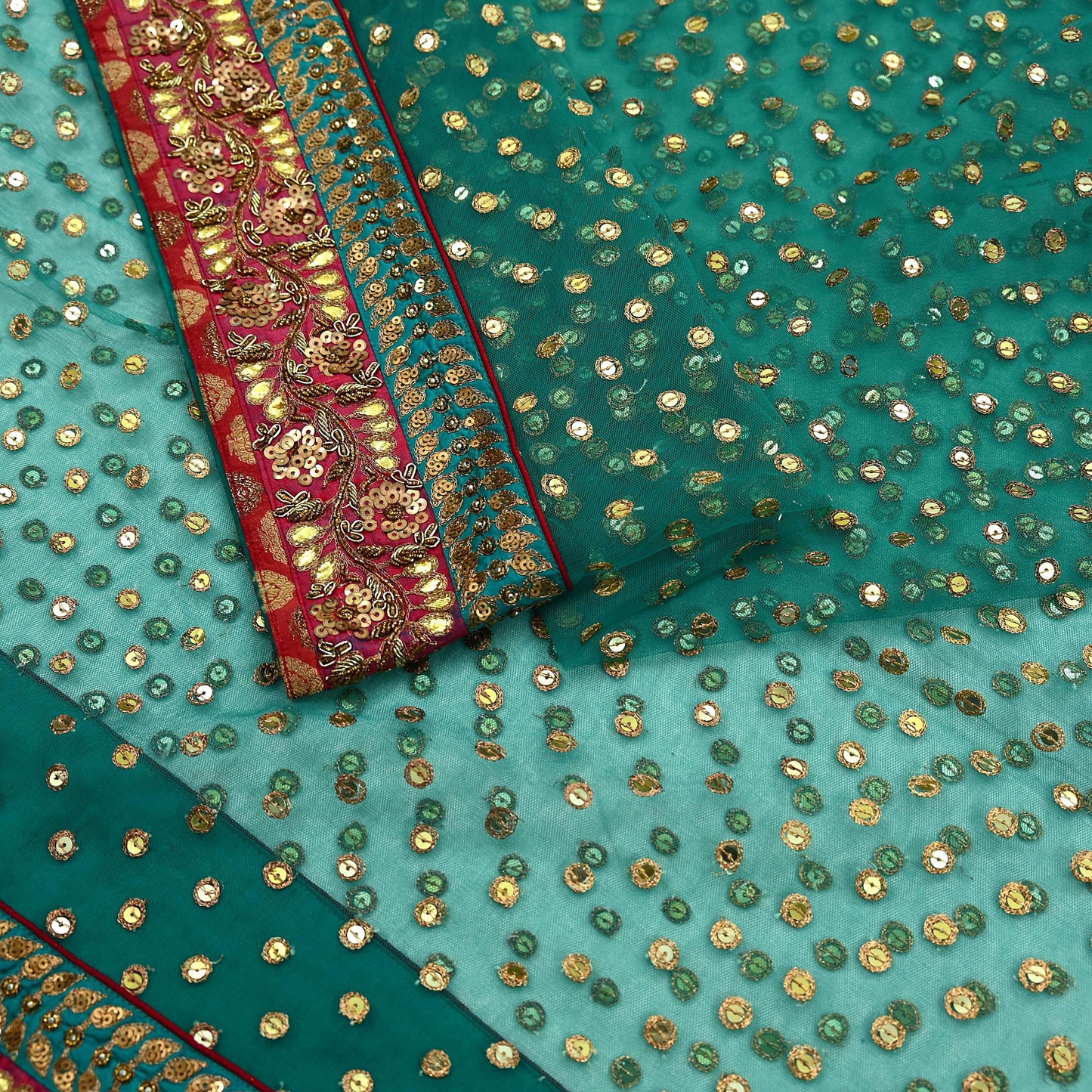 Indian Vintage Heavy Bridal Dupatta Green Net Mesh Long Stole Hand Embroidered Scarf Zardozi Zari Sequins Wedding/Party wear hijab veil