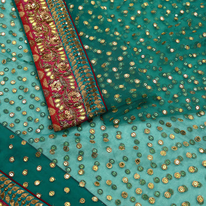 Indian Vintage Heavy Bridal Dupatta Green Net Mesh Long Stole Hand Embroidered Scarf Zardozi Zari Sequins Wedding/Party wear hijab veil