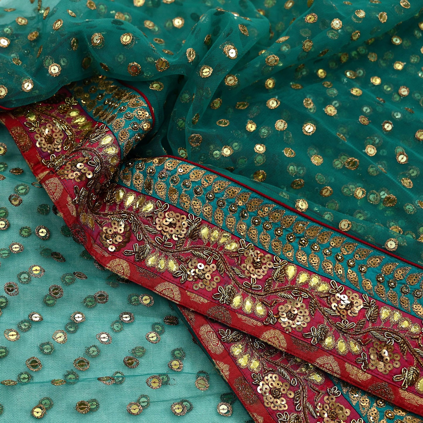 Indian Vintage Heavy Bridal Dupatta Green Net Mesh Long Stole Hand Embroidered Scarf Zardozi Zari Sequins Wedding/Party wear hijab veil