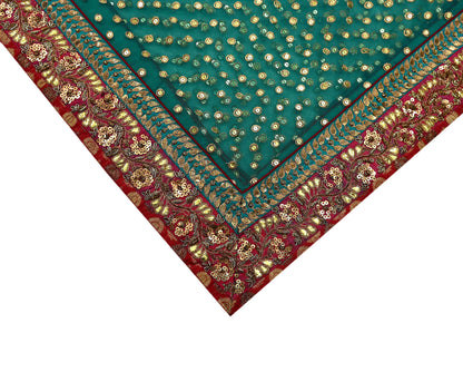 Indian Vintage Heavy Bridal Dupatta Green Net Mesh Long Stole Hand Embroidered Scarf Zardozi Zari Sequins Wedding/Party wear hijab veil