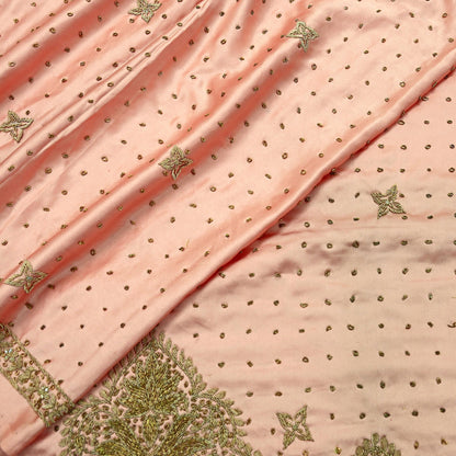 Indian Vintage Heavy Wedding Peach Dupatta Pure Satin Silk Long Stole Hand Embroidered Scarves Golden Zardozi Stole