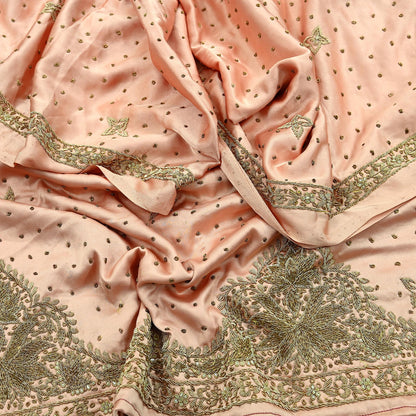 Indian Vintage Heavy Wedding Peach Dupatta Pure Satin Silk Long Stole Hand Embroidered Scarves Golden Zardozi Stole