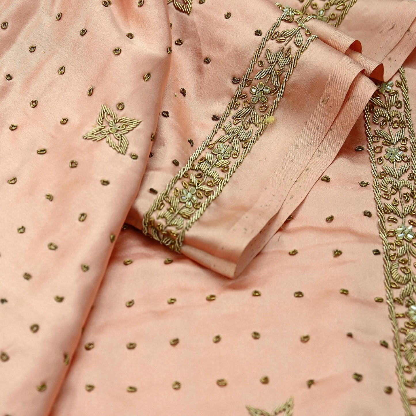 Indian Vintage Heavy Wedding Peach Dupatta Pure Satin Silk Long Stole Hand Embroidered Scarves Golden Zardozi Stole