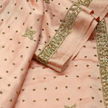 Indian Vintage Heavy Wedding Peach Dupatta Pure Satin Silk Long Stole Hand Embroidered Scarves Golden Zardozi Stole