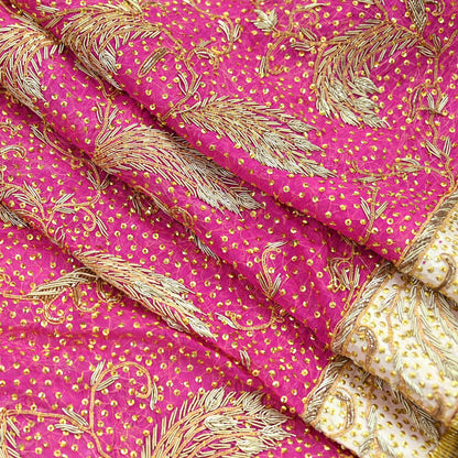 Indian Vintage Heavy Bridal Dupatta Pink Pure Chiffon Silk Long Stole Hand Embroidered Hijab Scarf Zardozi/Dabka Zari 1980s Wedding Dupatta