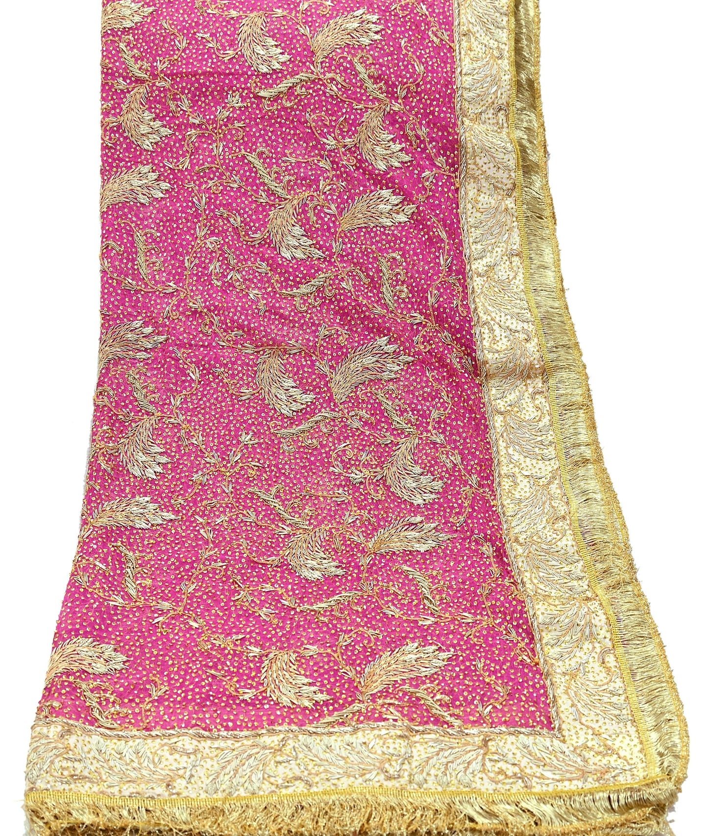 Indian Vintage Heavy Bridal Dupatta Pink Pure Chiffon Silk Long Stole Hand Embroidered Hijab Scarf Zardozi/Dabka Zari 1980s Wedding Dupatta