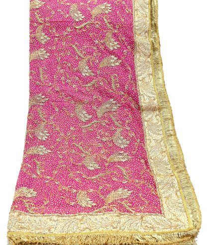 Indian Vintage Heavy Bridal Dupatta Pink Pure Chiffon Silk Long Stole Hand Embroidered Hijab Scarf Zardozi/Dabka Zari 1980s Wedding Dupatta