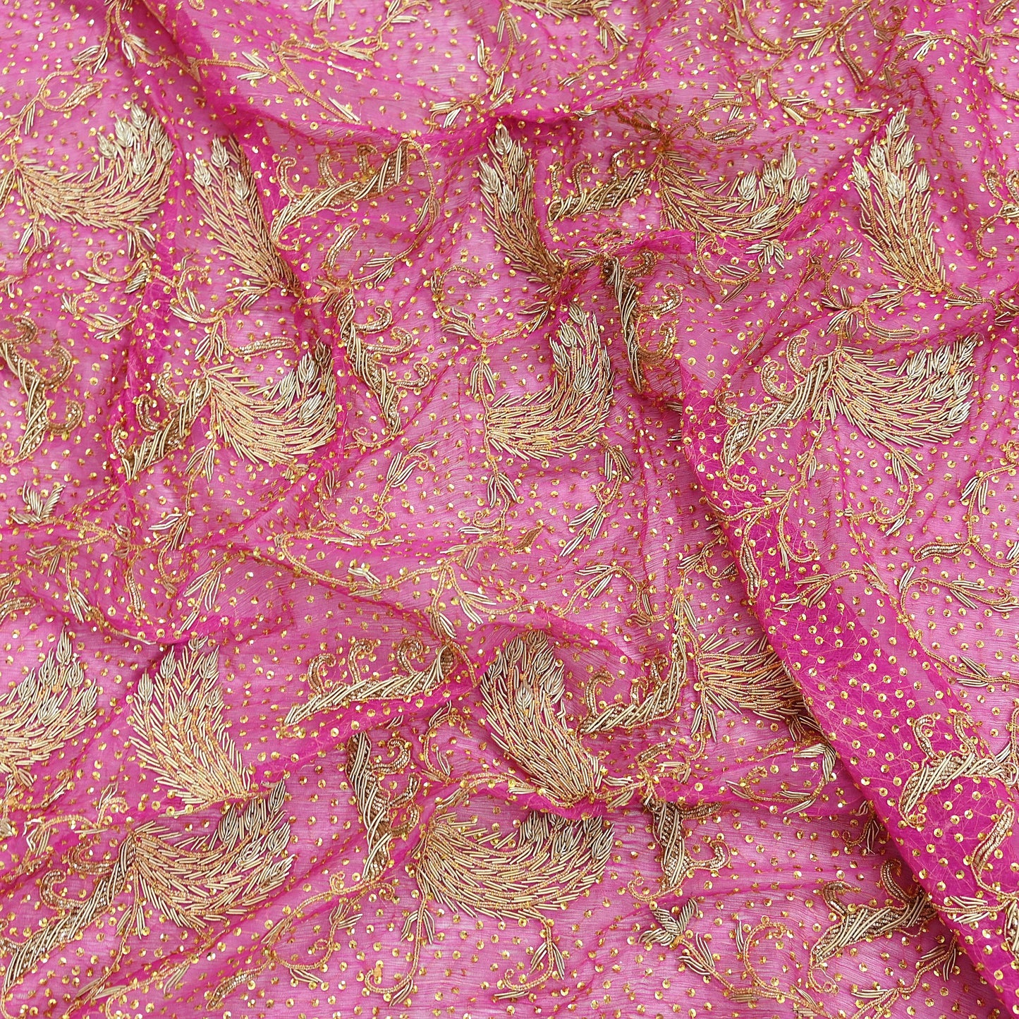 Indian Vintage Heavy Bridal Dupatta Pink Pure Chiffon Silk Long Stole Hand Embroidered Hijab Scarf Zardozi/Dabka Zari 1980s Wedding Dupatta