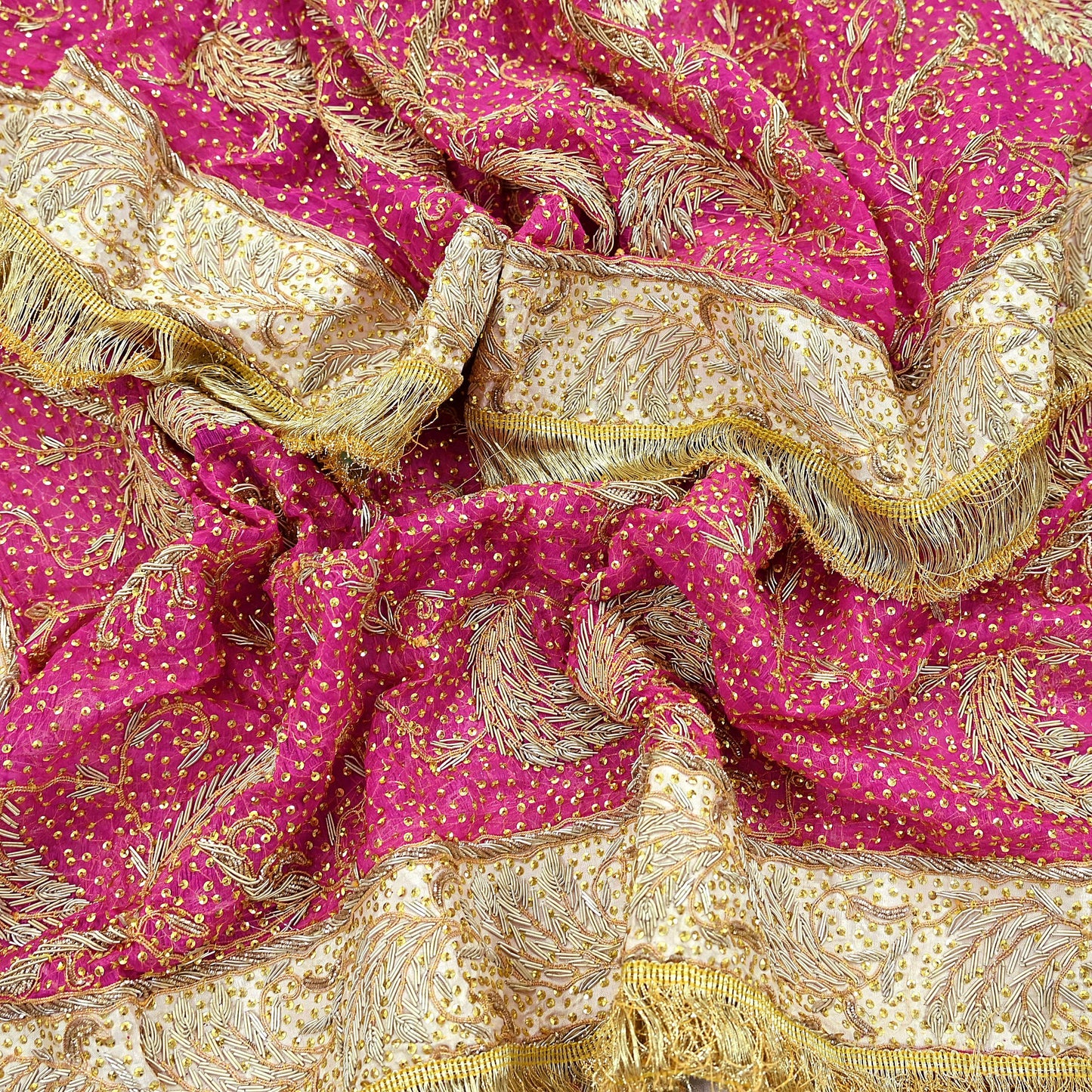 Indian Vintage Heavy Bridal Dupatta Pink Pure Chiffon Silk Long Stole Hand Embroidered Hijab Scarf Zardozi/Dabka Zari 1980s Wedding Dupatta