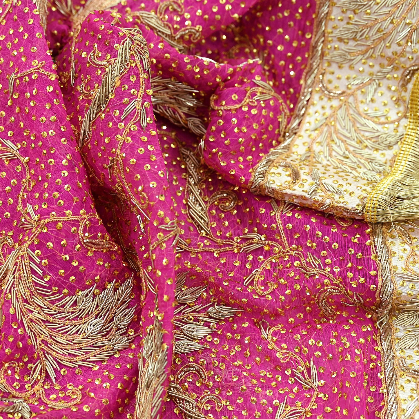 Indian Vintage Heavy Bridal Dupatta Pink Pure Chiffon Silk Long Stole Hand Embroidered Hijab Scarf Zardozi/Dabka Zari 1980s Wedding Dupatta