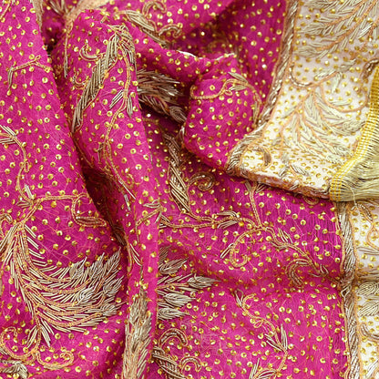 Indian Vintage Heavy Bridal Dupatta Pink Pure Chiffon Silk Long Stole Hand Embroidered Hijab Scarf Zardozi/Dabka Zari 1980s Wedding Dupatta