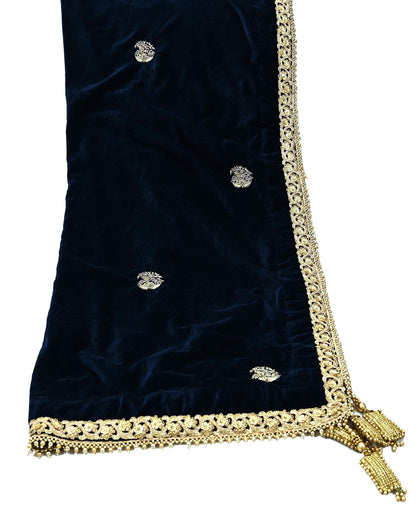 Indian Vintage Heavy Wedding Blue Dupatta Velvet Long Stole Hand Embroidered Scarves Zari Hijab Veil Wrap Bridal Dupatta Paisley