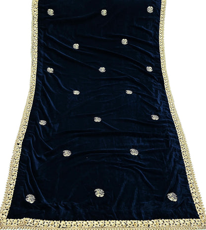 Indian Vintage Heavy Wedding Blue Dupatta Velvet Long Stole Hand Embroidered Scarves Zari Hijab Veil Wrap Bridal Dupatta Paisley
