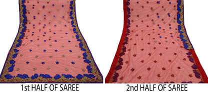 Indian Vintage Heavy Sari Red Net/Mesh Hand Embroidered Sarees Craft Fabric 6Yd Sewing Soft Zardozi Wedding sarees With Blouse fabric