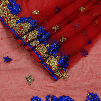 Indian Vintage Heavy Sari Red Net/Mesh Hand Embroidered Sarees Craft Fabric 6Yd Sewing Soft Zardozi Wedding sarees With Blouse fabric