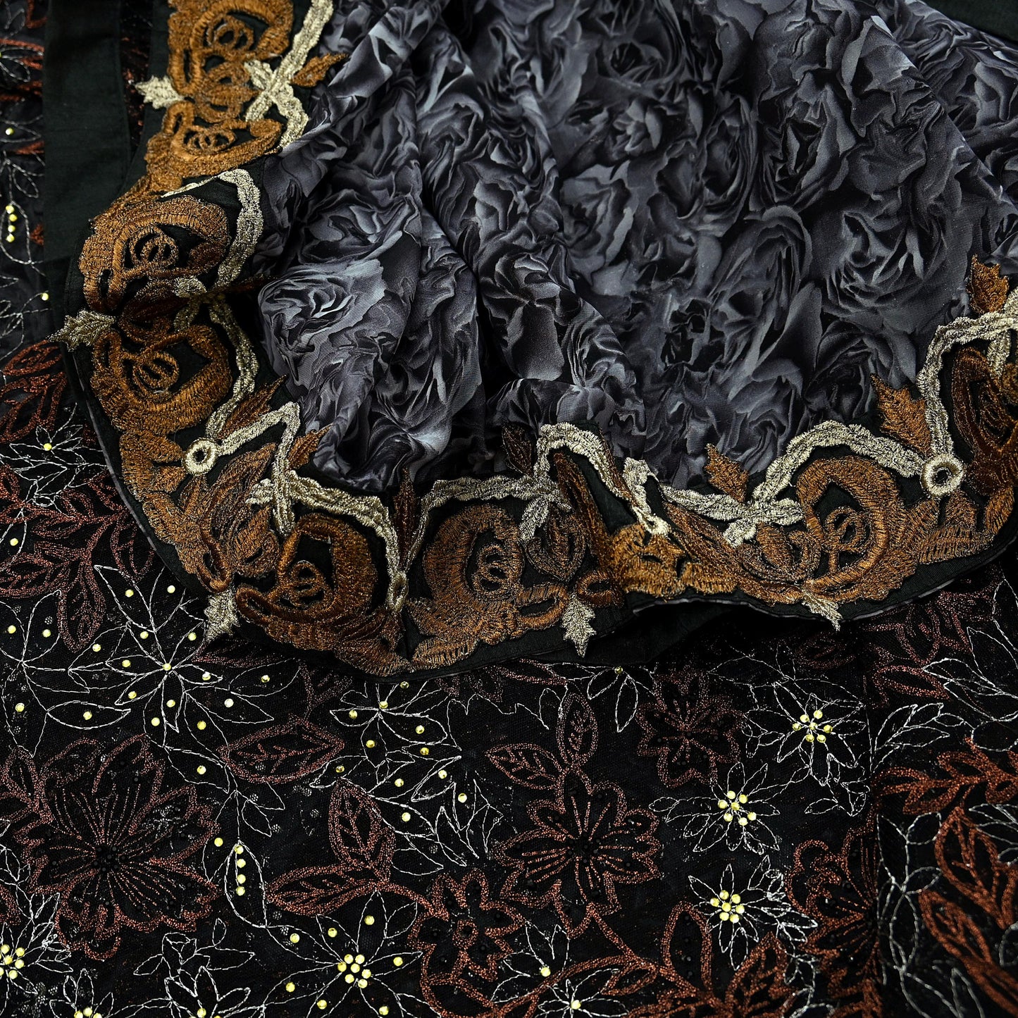 Indian Vintage Sari Black Pure Georgette Silk Net/Mesh Hand Beaded Sarees Fabric 6Yd Sewing Ethnic With Matching Unstitched Blouse Fabric