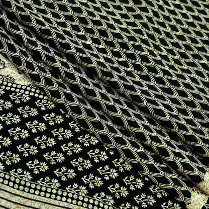 Indian Vintage Sari Ivory & Black Pure Crepe Silk Printed Saree 5yd Sewing Floral Soft Craft Fabric Wrap Dress Making Crafting Quilting