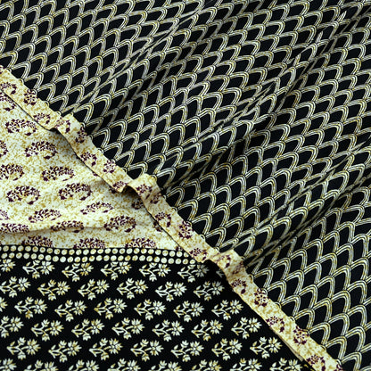 Indian Vintage Sari Ivory & Black Pure Crepe Silk Printed Saree 5yd Sewing Floral Soft Craft Fabric Wrap Dress Making Crafting Quilting