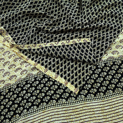 Indian Vintage Sari Ivory & Black Pure Crepe Silk Printed Saree 5yd Sewing Floral Soft Craft Fabric Wrap Dress Making Crafting Quilting
