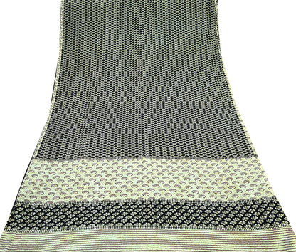 Indian Vintage Sari Ivory & Black Pure Crepe Silk Printed Saree 5yd Sewing Floral Soft Craft Fabric Wrap Dress Making Crafting Quilting