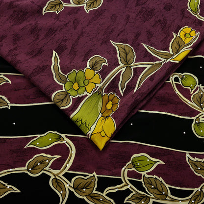 Indian Vintage Brown Saree Pure Crepe Silk Block Printed Sari 5yd Sewing Floral Soft Craft Fabric Wrap Dress Making Crafting Quilting