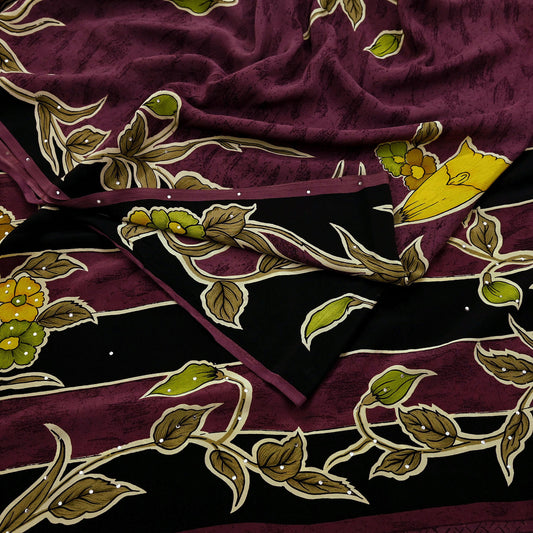 Indian Vintage Brown Saree Pure Crepe Silk Block Printed Sari 5yd Sewing Floral Soft Craft Fabric Wrap Dress Making Crafting Quilting