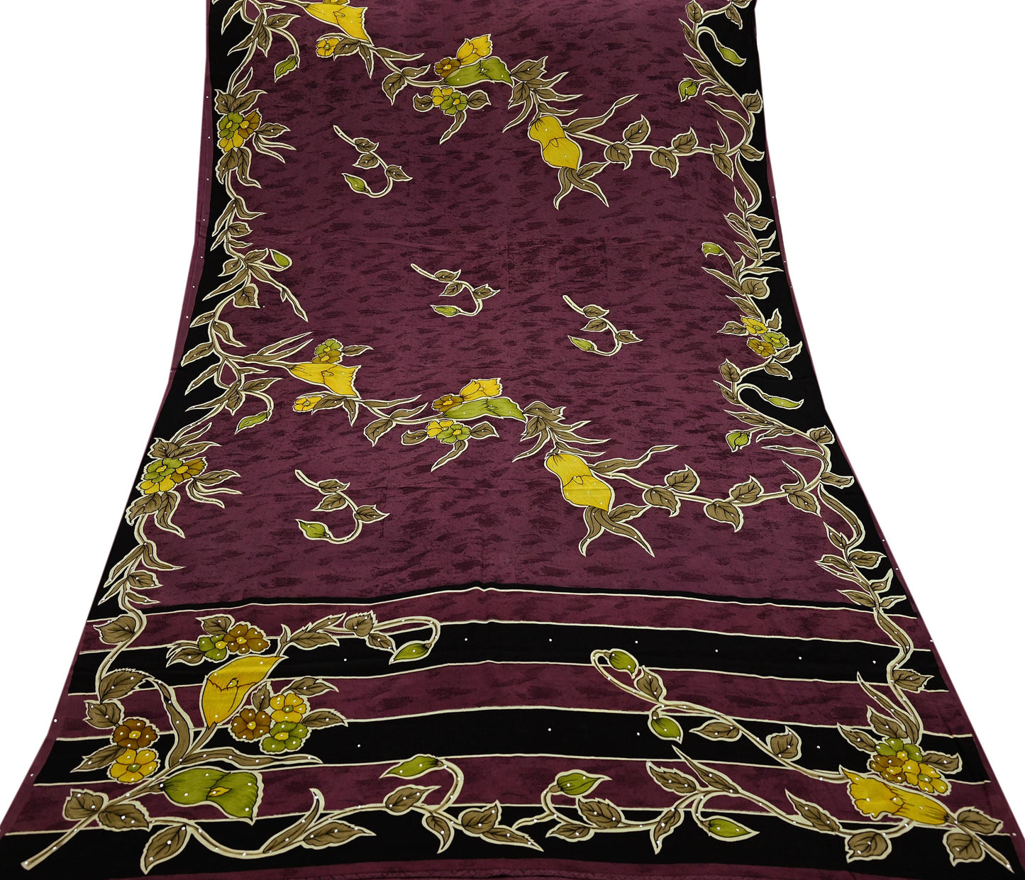 Indian Vintage Brown Saree Pure Crepe Silk Block Printed Sari 5yd Sewing Floral Soft Craft Fabric Wrap Dress Making Crafting Quilting