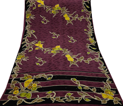 Indian Vintage Brown Saree Pure Crepe Silk Block Printed Sari 5yd Sewing Floral Soft Craft Fabric Wrap Dress Making Crafting Quilting