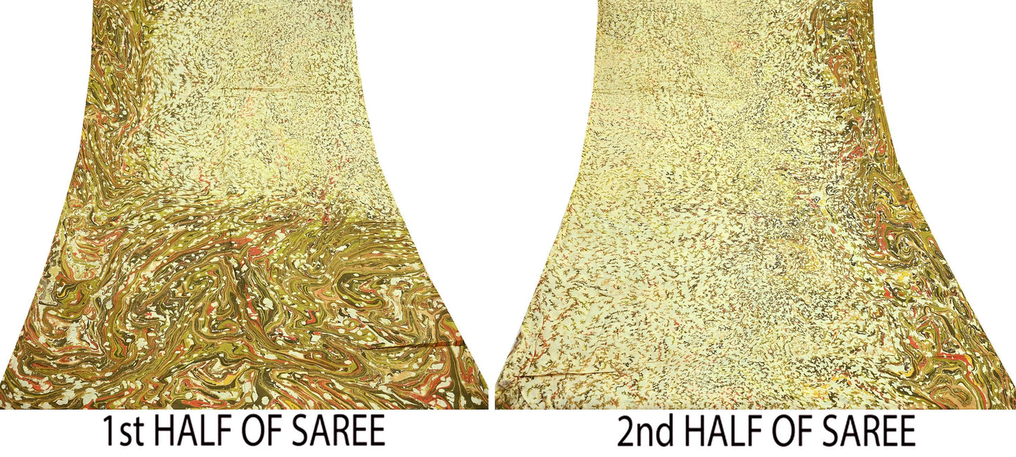 Indian Vintage Ivory & Green Saree Pure Silk Printed Sari 6yd Sewing Craft Fabric Dress Making Soft Crafting Quilting Quilting Upcycle