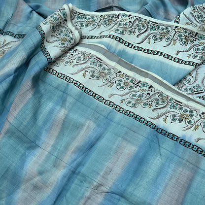 Indian Vintage Sari Gray & Blue Pure Silk Printed Saree 5yd Craft Fabric Sewing Floral Soft Dress Making Wrap used Quilting Crafting Upcycle