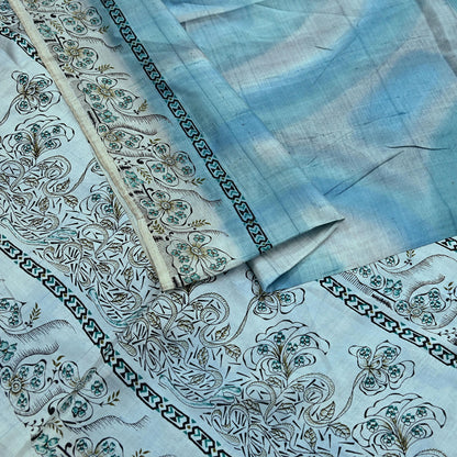 Indian Vintage Sari Gray & Blue Pure Silk Printed Saree 5yd Craft Fabric Sewing Floral Soft Dress Making Wrap used Quilting Crafting Upcycle