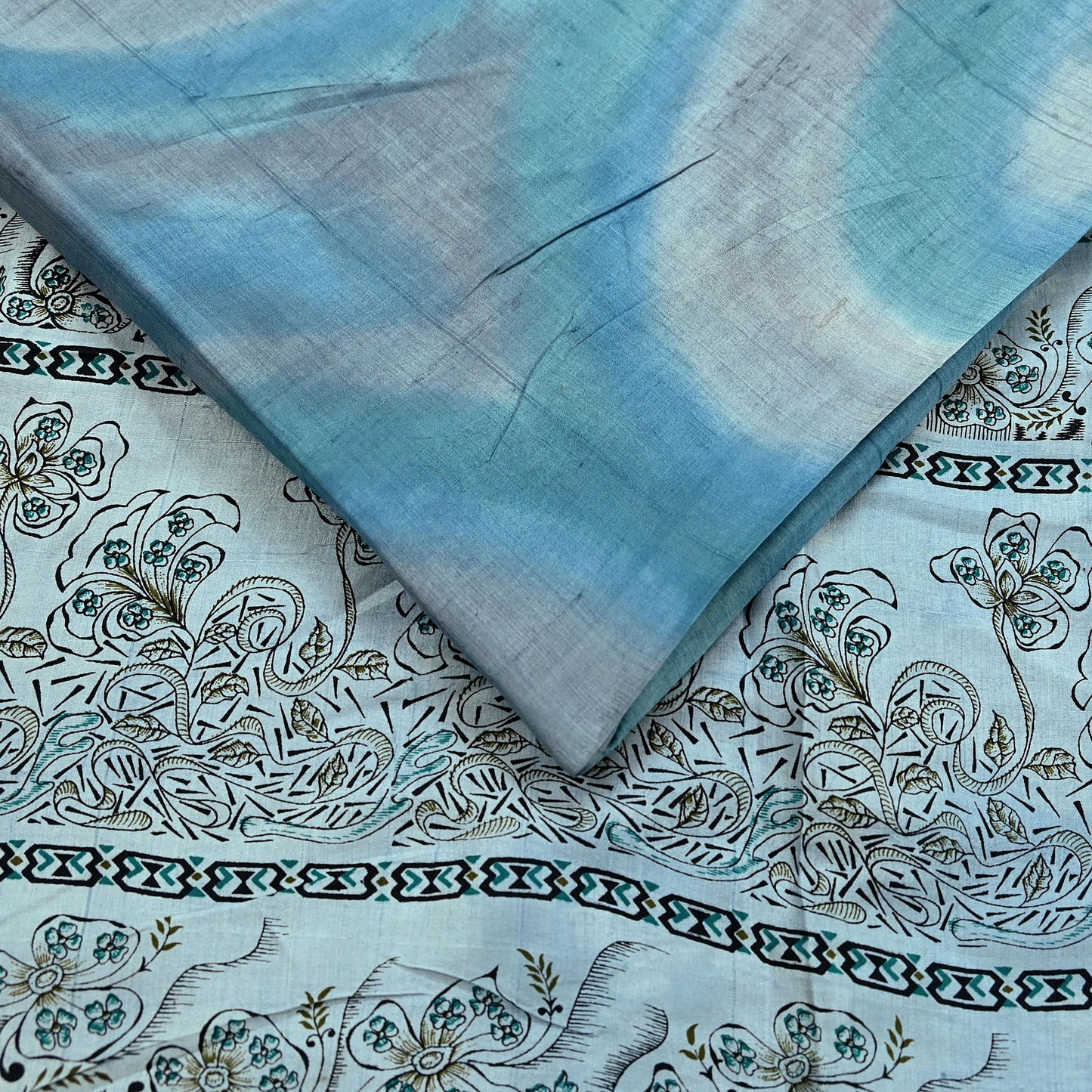 Indian Vintage Sari Gray & Blue Pure Silk Printed Saree 5yd Craft Fabric Sewing Floral Soft Dress Making Wrap used Quilting Crafting Upcycle