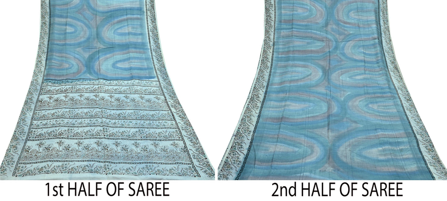 Indian Vintage Sari Gray & Blue Pure Silk Printed Saree 5yd Craft Fabric Sewing Floral Soft Dress Making Wrap used Quilting Crafting Upcycle