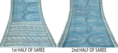Indian Vintage Sari Gray & Blue Pure Silk Printed Saree 5yd Craft Fabric Sewing Floral Soft Dress Making Wrap used Quilting Crafting Upcycle
