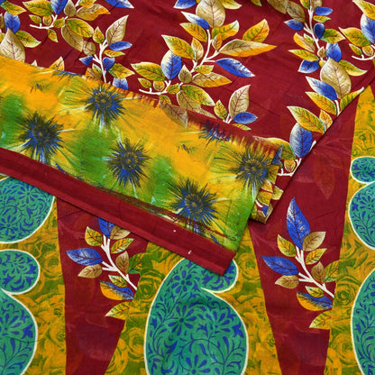 Indian Vintage Sari Maroon Printed Pure Cotton Saree Fabric Soft Floral 5Yd Sarong Wrap Boho Fabric Kimono Soft Dress Making Quilting