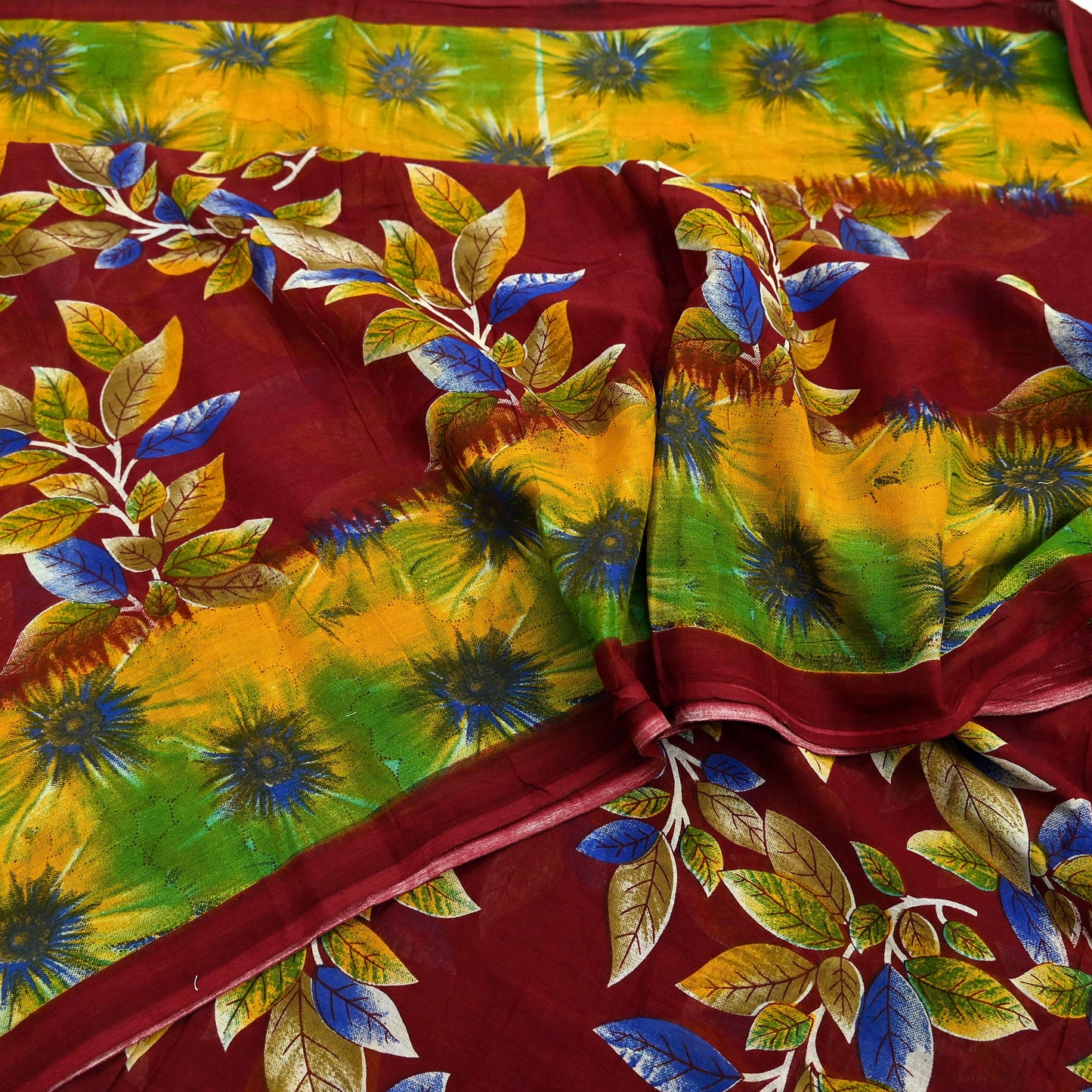 Indian Vintage Sari Maroon Printed Pure Cotton Saree Fabric Soft Floral 5Yd Sarong Wrap Boho Fabric Kimono Soft Dress Making Quilting