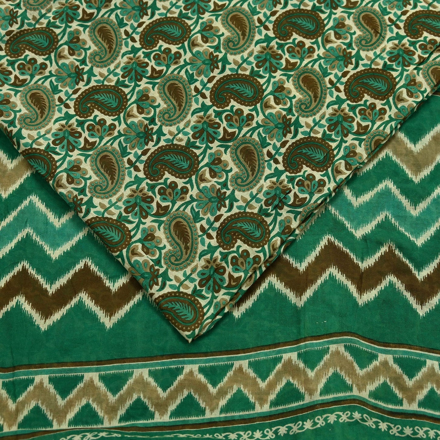 Indian Vintage Sari Beige & Green Pure Cotton Printed Sarees Craft Fabric Soft 5Yd Sarong Wrap Boho Paisley Kimono Quilting Crafting Upcycle