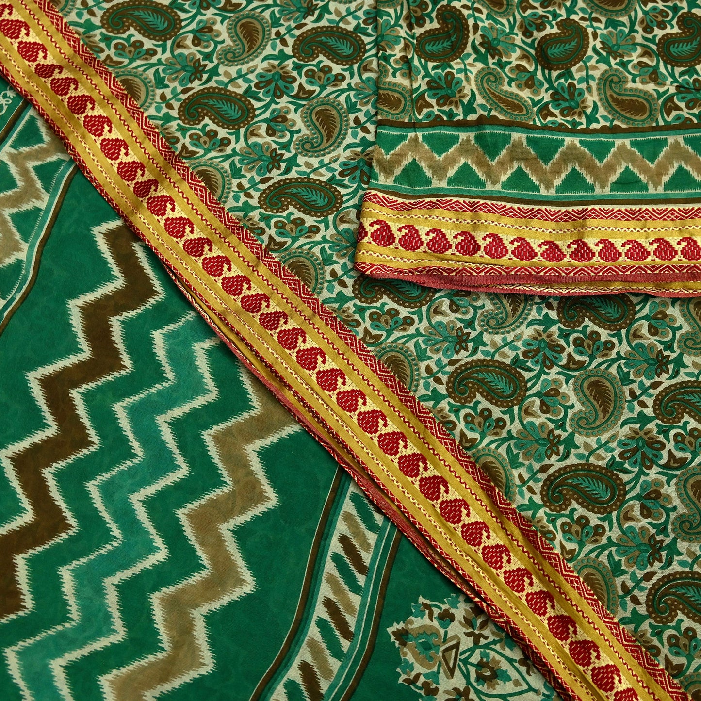 Indian Vintage Sari Beige & Green Pure Cotton Printed Sarees Craft Fabric Soft 5Yd Sarong Wrap Boho Paisley Kimono Quilting Crafting Upcycle