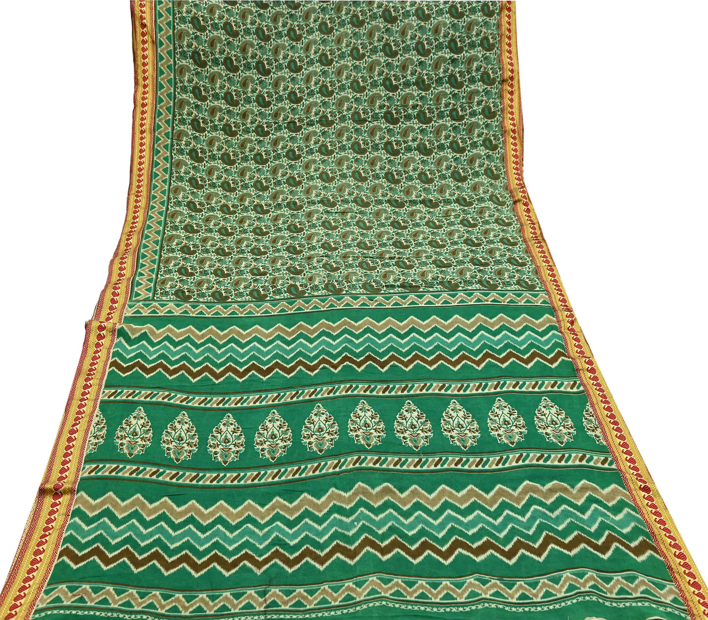 Indian Vintage Sari Beige & Green Pure Cotton Printed Sarees Craft Fabric Soft 5Yd Sarong Wrap Boho Paisley Kimono Quilting Crafting Upcycle