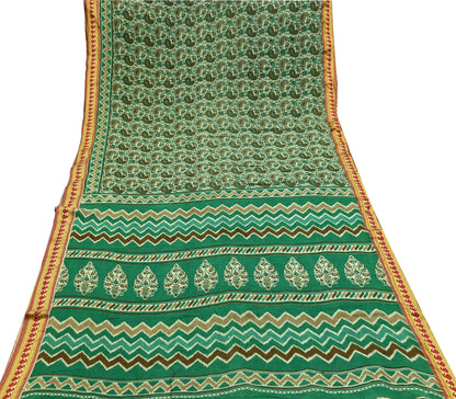 Indian Vintage Sari Beige & Green Pure Cotton Printed Sarees Craft Fabric Soft 5Yd Sarong Wrap Boho Paisley Kimono Quilting Crafting Upcycle
